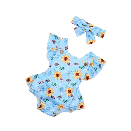 

Binpure Baby Sunflower Print Flying Sleeve Square Collar Jumpsuit+Bow-knot Headband