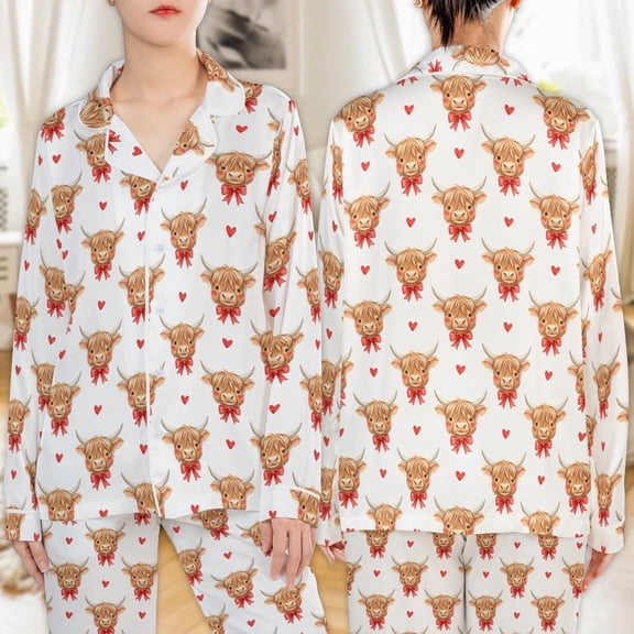 Lotusprinthandmade Heifer Valentine All-over Print Satin Pajamas Set (No Pocket) (S) – Cute Cow Love Sleepwear For Women