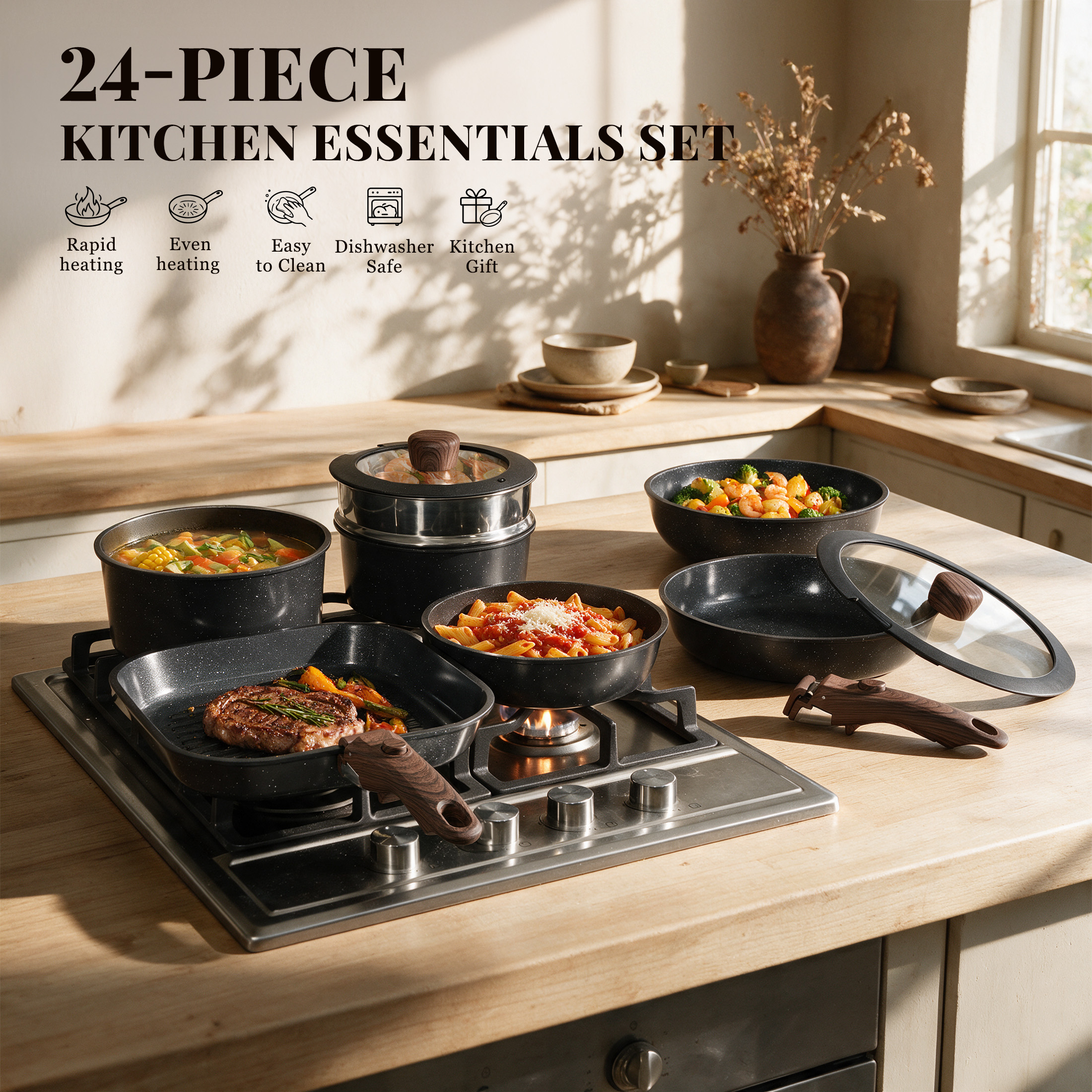 Kikcoin 24-Piece Ceramic Nonstick Cookware Set photo 7