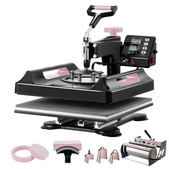 KFFKFF Heat Press, 15x15 inch, 8-in-1 Transfer Device with 30 oz Cup Press, 360° Rotating Digital T-Shirt Printer, Teflon Coated, for Apparel/Mugs/Caps/Dishes, Black