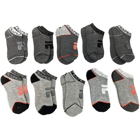 Fila Kids Boys 10-Pack Half Cushion No Show Socks Logo Welt - Light Gray Heather, Boys Small Shoe Sizes 7-10