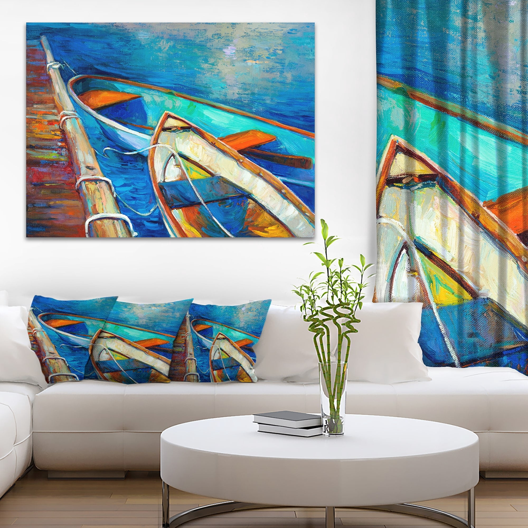 Designart 'Boats and Pier in Blue Shade ' Seascape Canvas Art Print