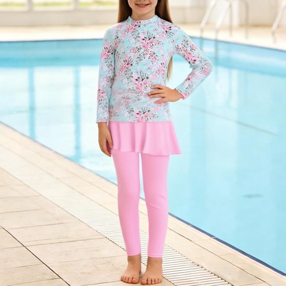Piuwrlz Kids Swimsuit Girls Swimming Suit Sets Long Sleeves Swimwear Pink Size 14-16