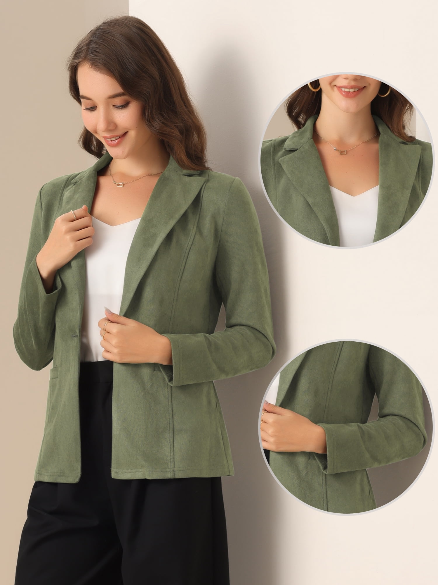 DARING DIVA Lapel Collar Long Sleeve Faux Suede Blazer M Army Green