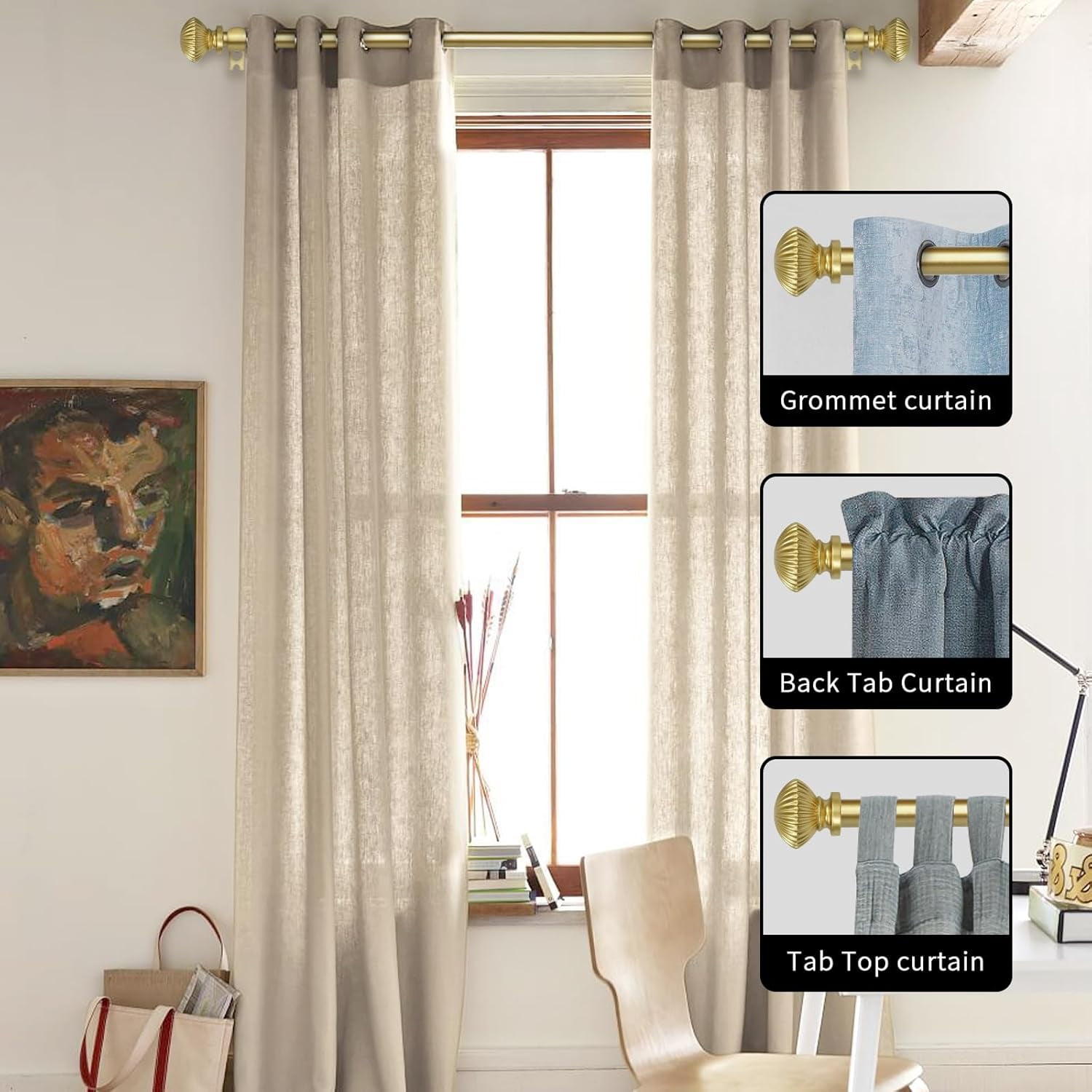 eTeckram 5/8" Single Curtain Rod with Bateau Finials,Gold,28‘’-48‘’