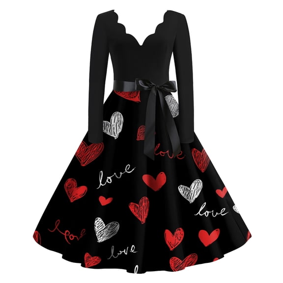 Women’s Long Sleeve Dress with Heart Print Pattern and Ribbon Belt A-line Casual Midi Length Dresses Black 2XL