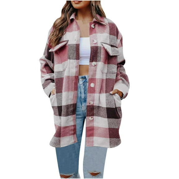 HAiming Women's Plaid Woolen Coat Winter Casual Long Sleeved Lapel Button down Loose Medium Long Jacket with Pocket