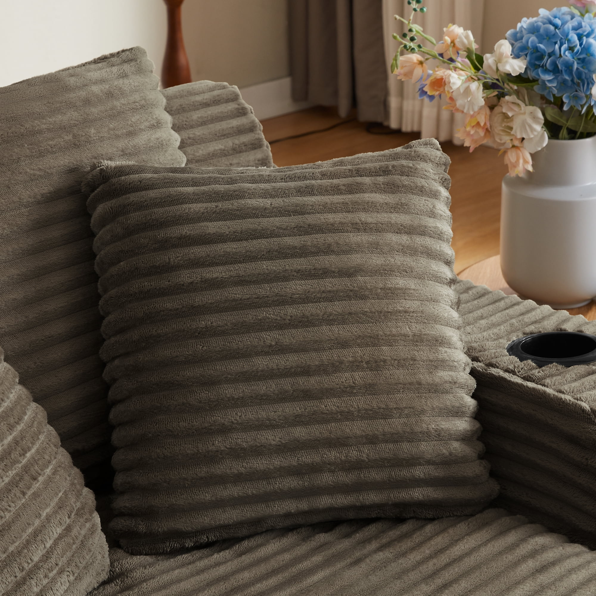 Leumius Oversized Chaise Lounge Chair Indoor,Cloud Plush Corduroy Upholstered Sofa Bed with Cupholders,Deep Seat Boneless Sofa with Pillows for Living Room Bedroom, No Assembly Required,Brown