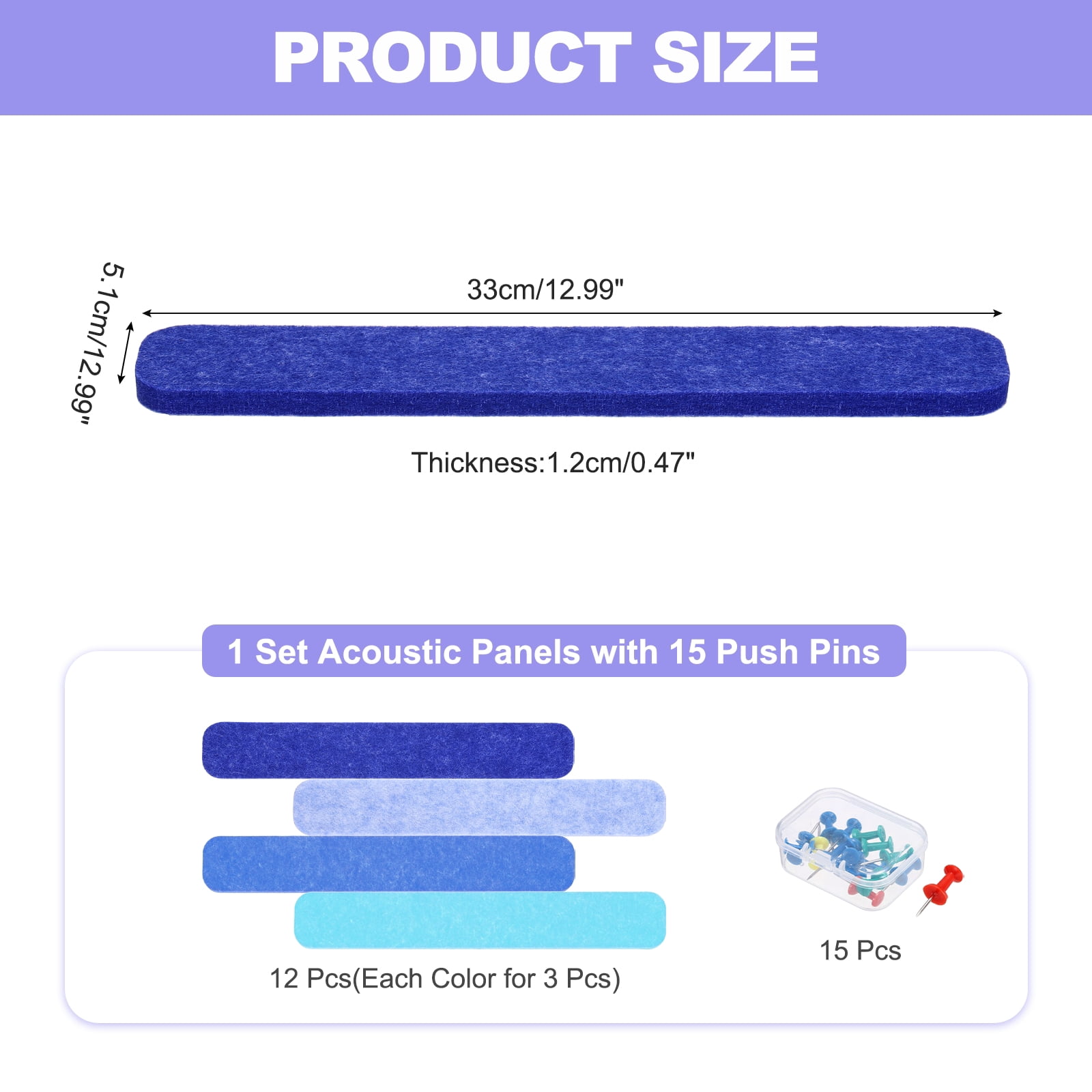 Uxcell 12 Pcs B1 Rectangle Acoustic Panels 12.99'' x 2.01'' with Push Pins Dark Blue Sky Blue Blue Light Blue