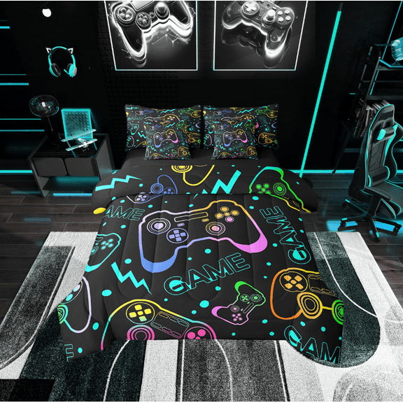 Erosebridal Black Gamepads Bedding Sets Twin Size,Polka Dots Comforter Sets with Sheets,Video Game Bed in a Bag Twin size,Super Cozy Gamer Room Decoration,Reversible,7-Piece