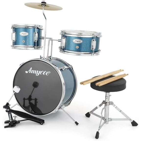 3-Piece Drum Set with Cymbal, Tom, Bass Drum, Drumsticks, Bass Pedal & Stool, Beginner Percussion Kit, Blue
