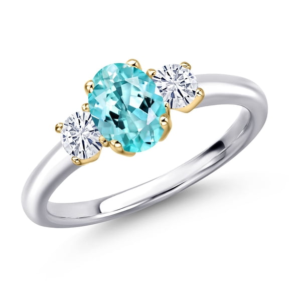 Gem Stone King 925 Silver and 10K Yellow Gold Blue Apatite and White Moissanite Engagement Ring for Women | 1.14 Cttw | Oval 7X5MM | Gemstone Birthstone | Size 5