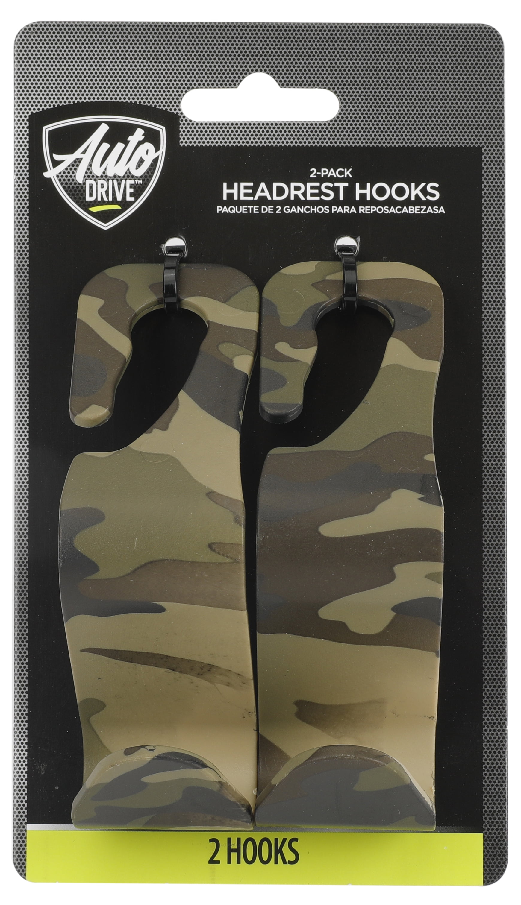 Auto Drive Headrest Hooks, Camo, Plastic, Universal Fit, 2 Pack