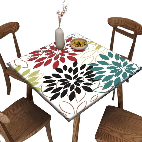 Square Fitted Tablecloth with Elastic Edge, Dahlia Flower, Floral, Spring Polyester Washable Home Decor Tablecloth, for Family Holiday BBQ Party Use, Fit for 36" x 36"Square Table