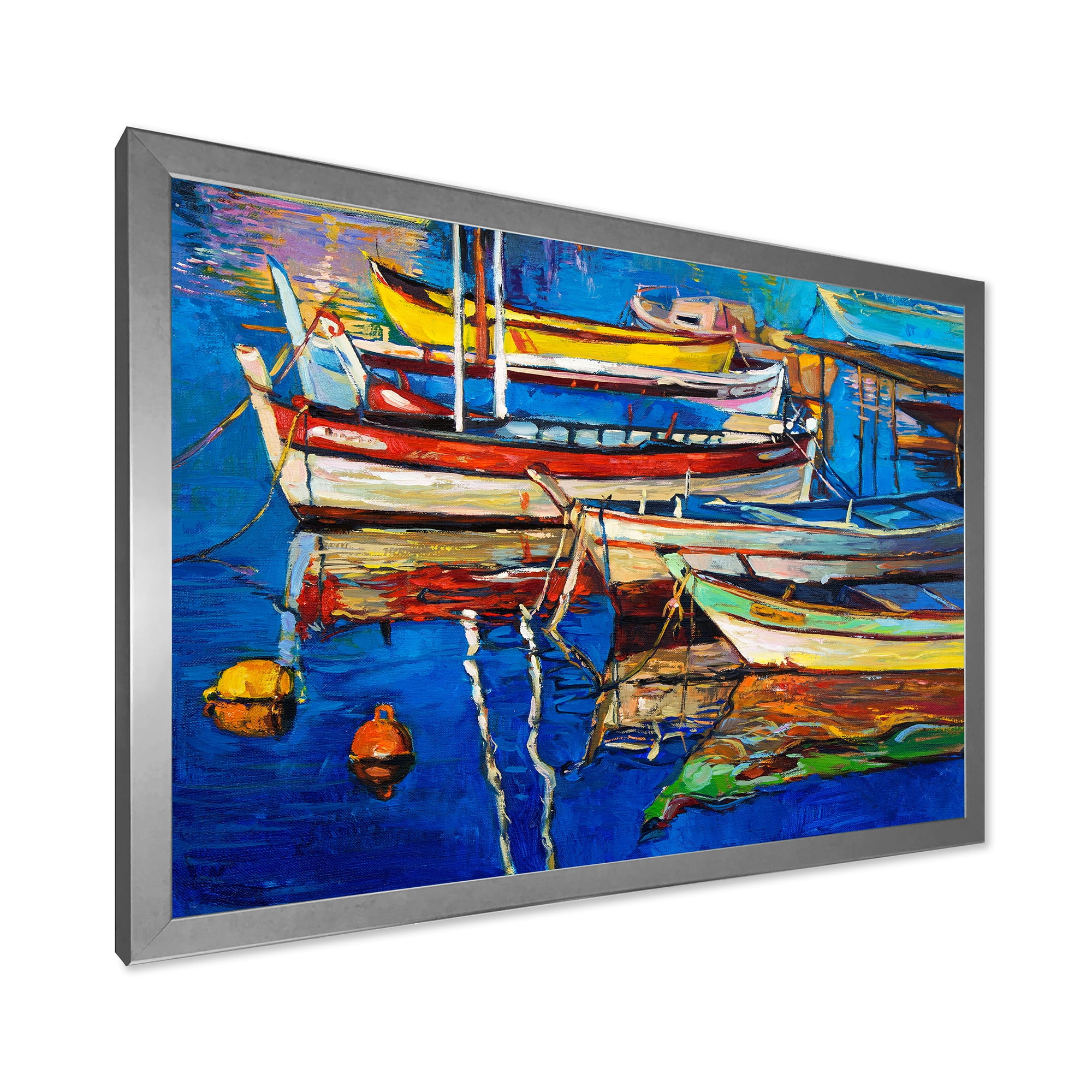 Designart 'Boats Near Coastal Town Resting On The Water II' Nautical & Coastal Framed Art Print