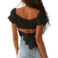 thumbnail image 2 of outfmvch crop tops for women ruffle short sleeve tie up back crop off shoulder womens tops crop tops black, 2 of 7