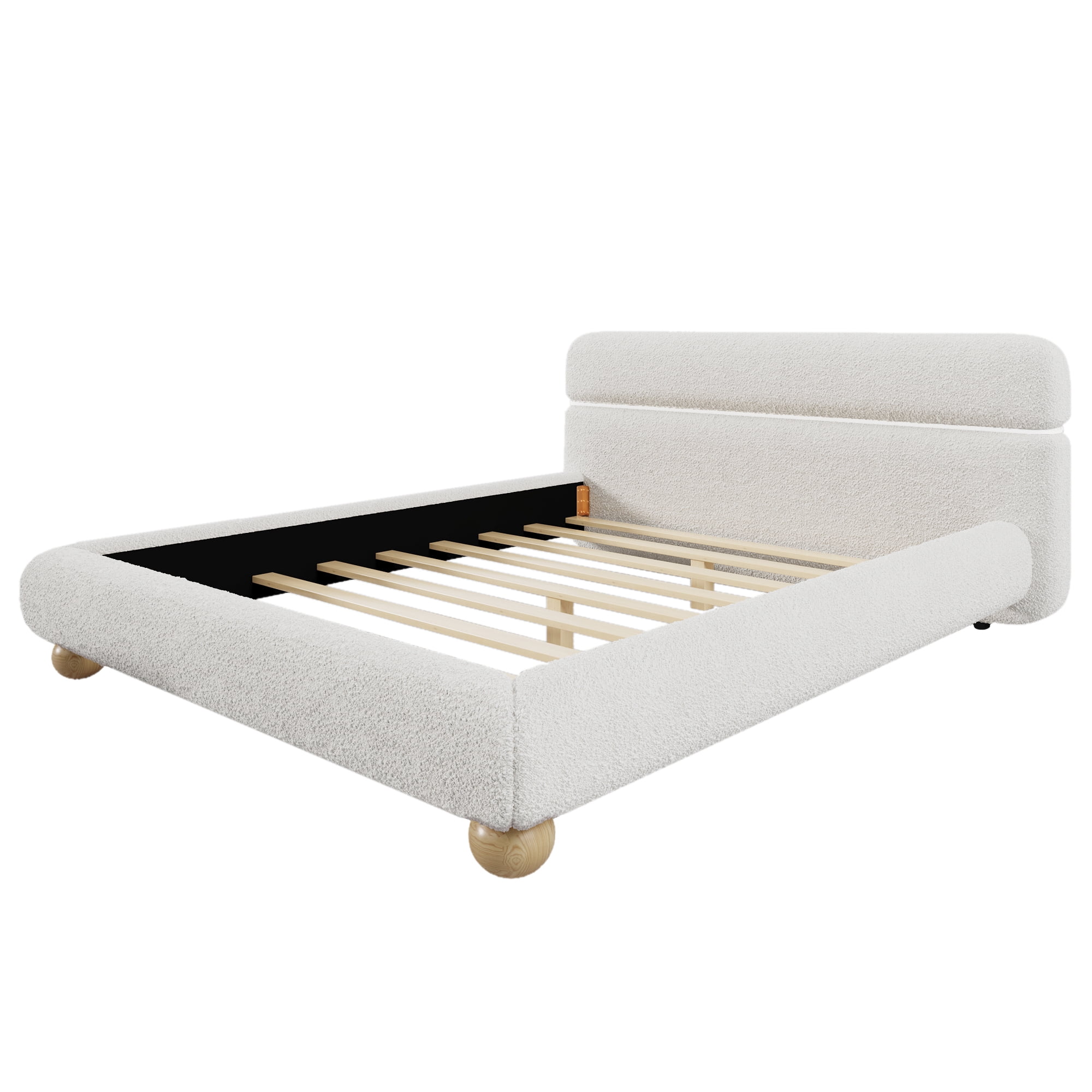 Euroco Teddy Fleece Fabric Queen Size Platform Bed with Round Legs, White