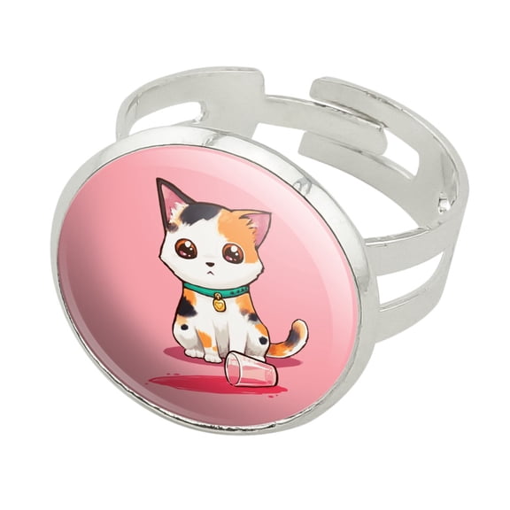 Kawaii Cute Cat Spilled Glass of Water Silver Plated Adjustable Novelty Ring
