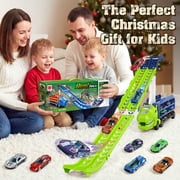 Huge Wave Toddler Truck Race Track Toys for Boys, Foldable 2.8-Ft Race Track, Dinosaur Truck Transport Toy, with 6 Die-Cast Race Car, Birthday Gifts for Kids