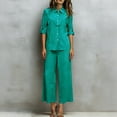thumbnail image 5 of Laqbezok Women's Cotton Linen 2-Piece Set, Casual 3/4 Sleeve Button Down Shirt and Wide Leg Pants Outfit, Loose Fit Solid Color Summer Lounge Tracksuit with Pockets, 5 of 6
