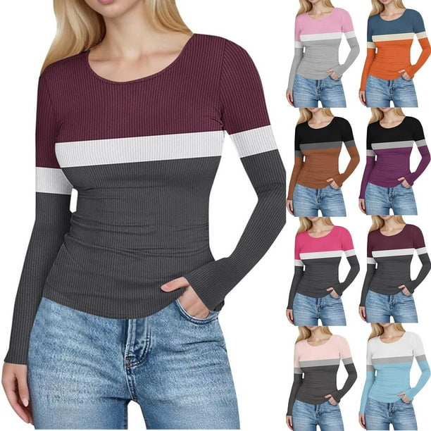 RKSTN Women's Ribbed Knitted T Shirts Oversized Crewneck Striped Print Slim Long Sleeve Pullover Shirt Top Womens Casual Plus Size Round Neck Printed Stretch Loose Comfy Tee Fall Spring Clothes
