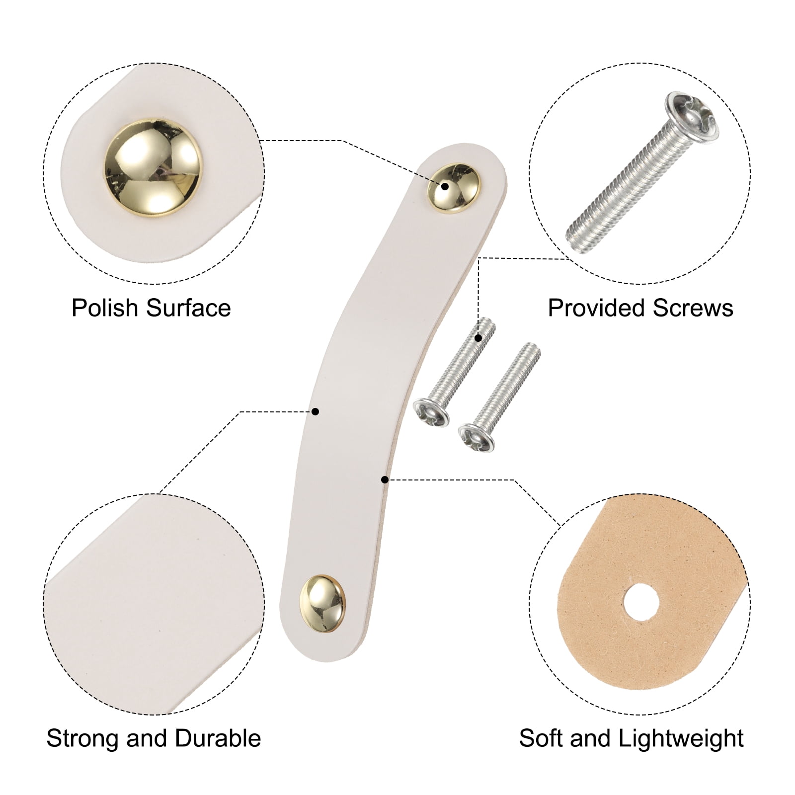 Unique Bargains Leather Pulls Double Hole Leather Drawer Knobs Dresser Handles White/Gold
