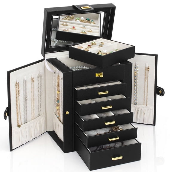 AKOZLIN Jewelry Box Organizer Functional Lockable, Leather Jewelry Storage Case for Women Girls Ring Necklace Earring Bracelet Holder Organizer with Mirror Black-M