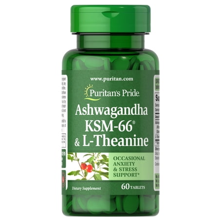Puritan's Pride Ashwangandha KSM66 & L-Theanine, Helps Relieve occassional Stress and Anxiety, 60 Count, White