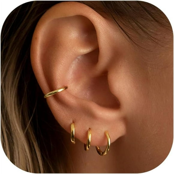4 Pairs Gold/Silver Hoop Earrings Set for Women 14K Gold Plated Lightweight Earrings Jewelry Hypoallergenic Small Huggies for Cartilage Piercing 6mm/8mm/10mm/12mm