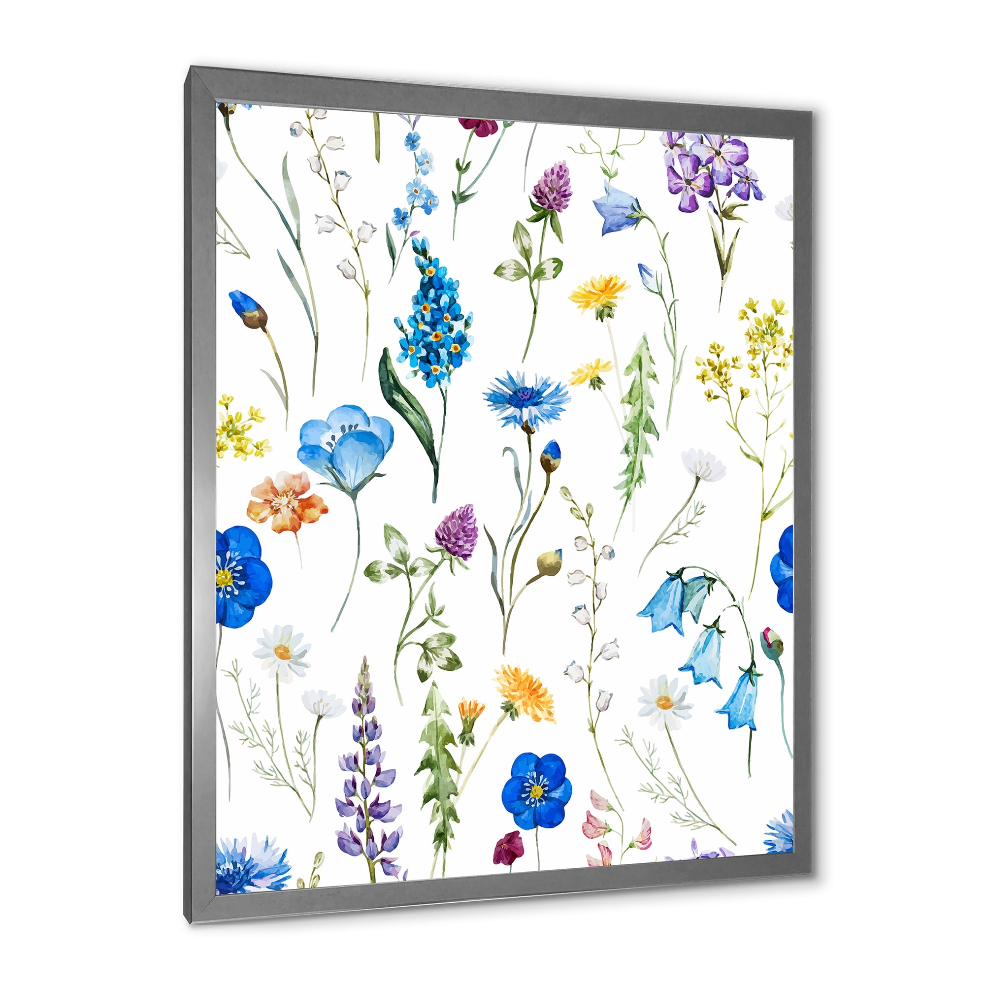Designart 'Blue Wildflowers With Leaves I' Traditional Framed Art Print