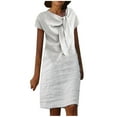 thumbnail image 2 of Jusqu'à 65 % de Réduction! Robes de Mode d'Été pour Femmes 2024 Grande Taille Nouvelle Élégance Col Rond Noué Manches Courtes Couleur Unie Coton Lin Robe, 2 of 6