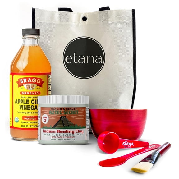 Aztec Clay Premium Mask Set by Etana Beauty All-In-One Kit Includes 1lb Aztec Secret Indian Healing Clay, 16oz Bragg's Apple Cider Vinegar, Natural Bamboo Bowl, Stir, Scoop, Brush & Tote
