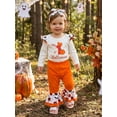 thumbnail image 4 of Loicainy Infant Baby Girl Halloween Outfit 3 6 9 12 18 Months Letter Pumpkin Print Crew Neck Long Sleeve Rompers Bell-Bottoms Pants Headband 3Pcs Clothes Set, 4 of 9