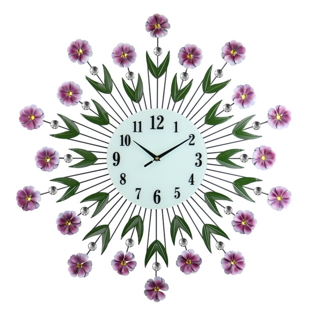 Large Purple Flower Wall Clock with Crystal Accents