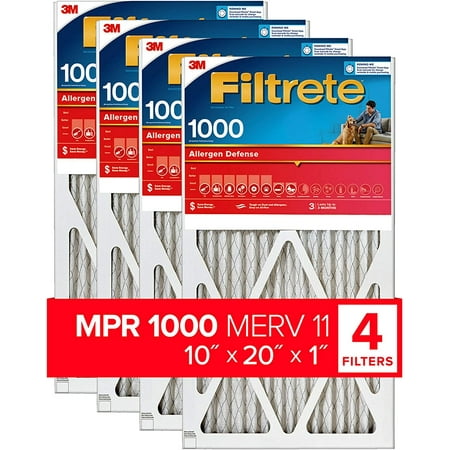 

Filtrete 10x20x1 AC Furnace Air Filter MPR 1000 MERV 11 Allergen Defense 4-Pack (exact dimensions 9.81 x 19.81 x 0.81)