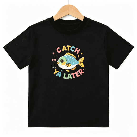 Catch Ya Later Fish Girls Graphic Tee, Cute Blue Ocean Fishing 100% Cotton Kids Short Sleeve T-Shirt