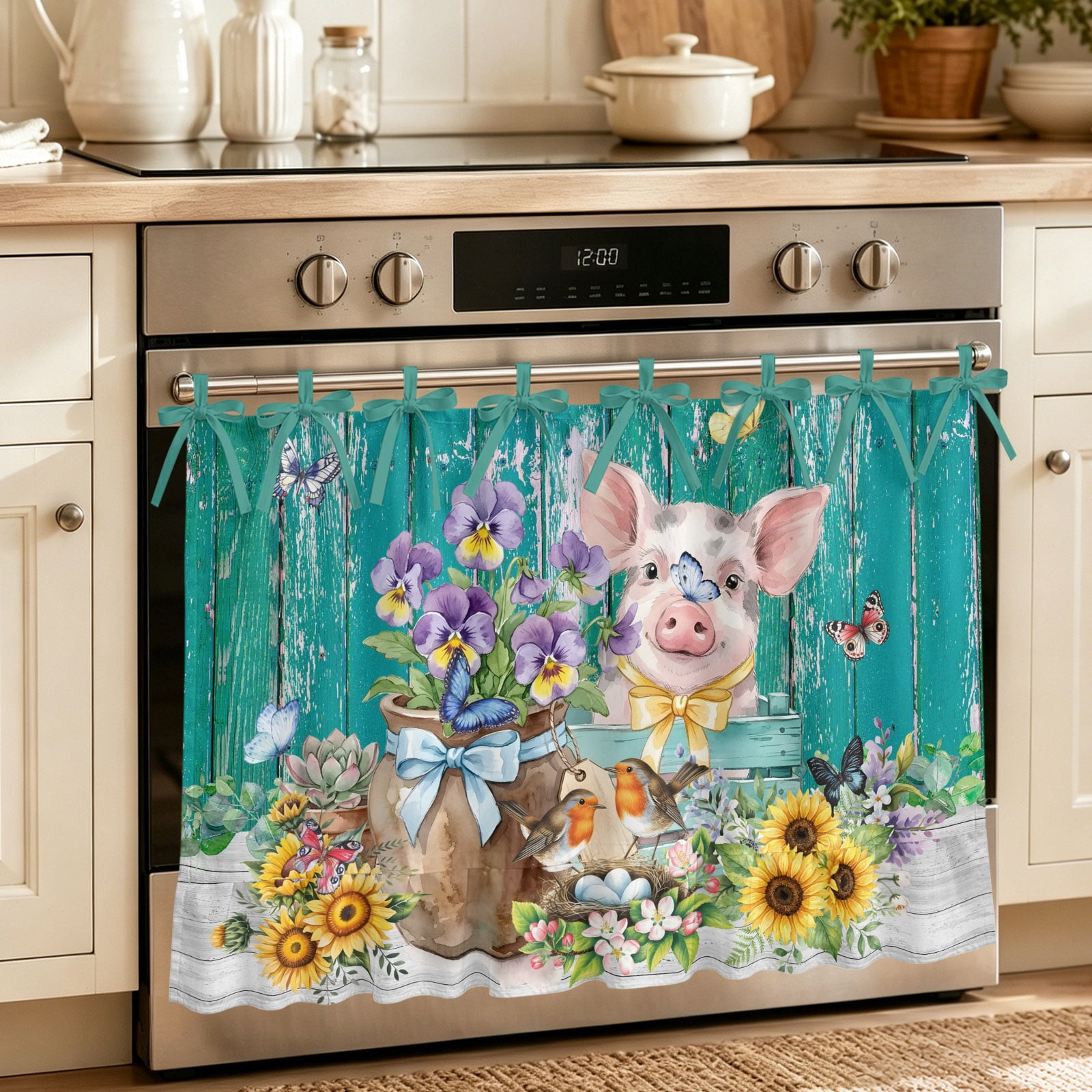 Farmhouse Floral Pig Oven Skirt for Farmhouse Kitchen D&eacute;cor Spring Sunflowers Butterfly Teal Green Oven Curtain Tie Top Decorative Stove Skirt Cabinet Dish Washer Curtains 8 Ribbon Ties 32 x24