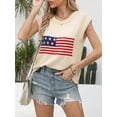 thumbnail image 6 of Yunliwuli Women's Summer Casual Sweater Tops Cap Sleeve Round Neck Flag Print Knitwear T-shirt, 6 of 10