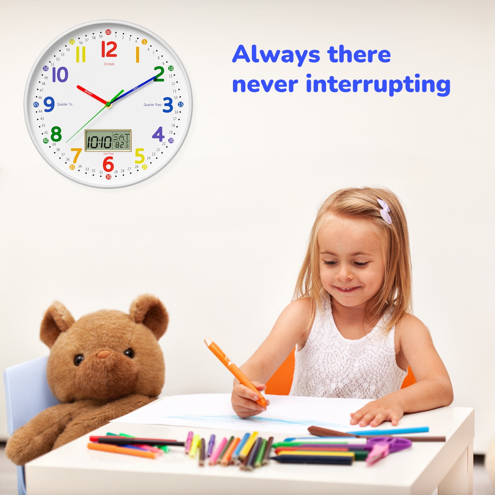 12" Silent Teaching Wall Clock with LCD Date Weekday Temperature Display – Tempered Glass, Non-Ticking Battery Operated Learning Clock for Kids Room, Classroom, Home Decor