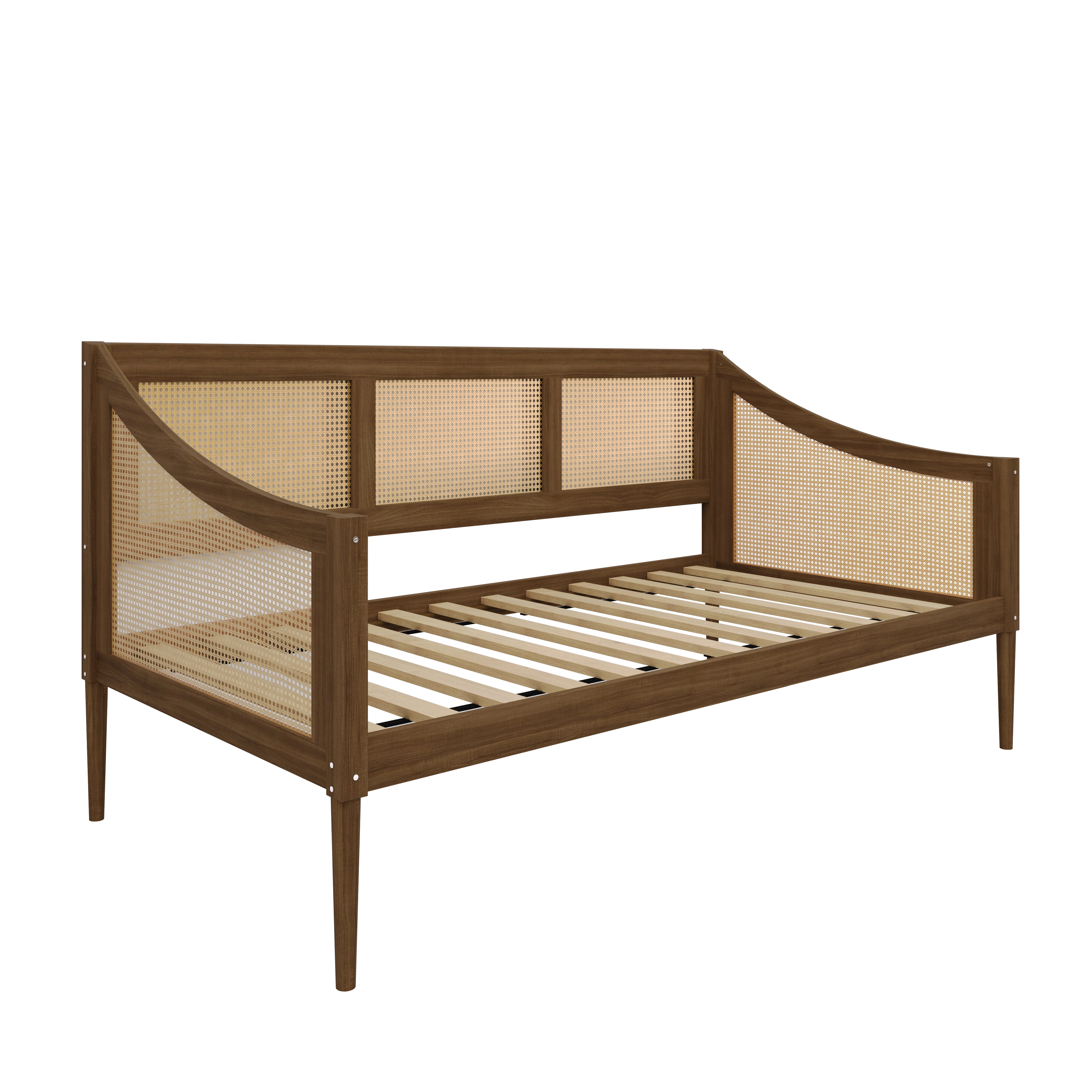 Home Design Elko Twin Daybed with Natural Wood Grain Frame, Rattan Accents, Durable Solid Wood, Stylish Seating and Sleeping Solution, Black