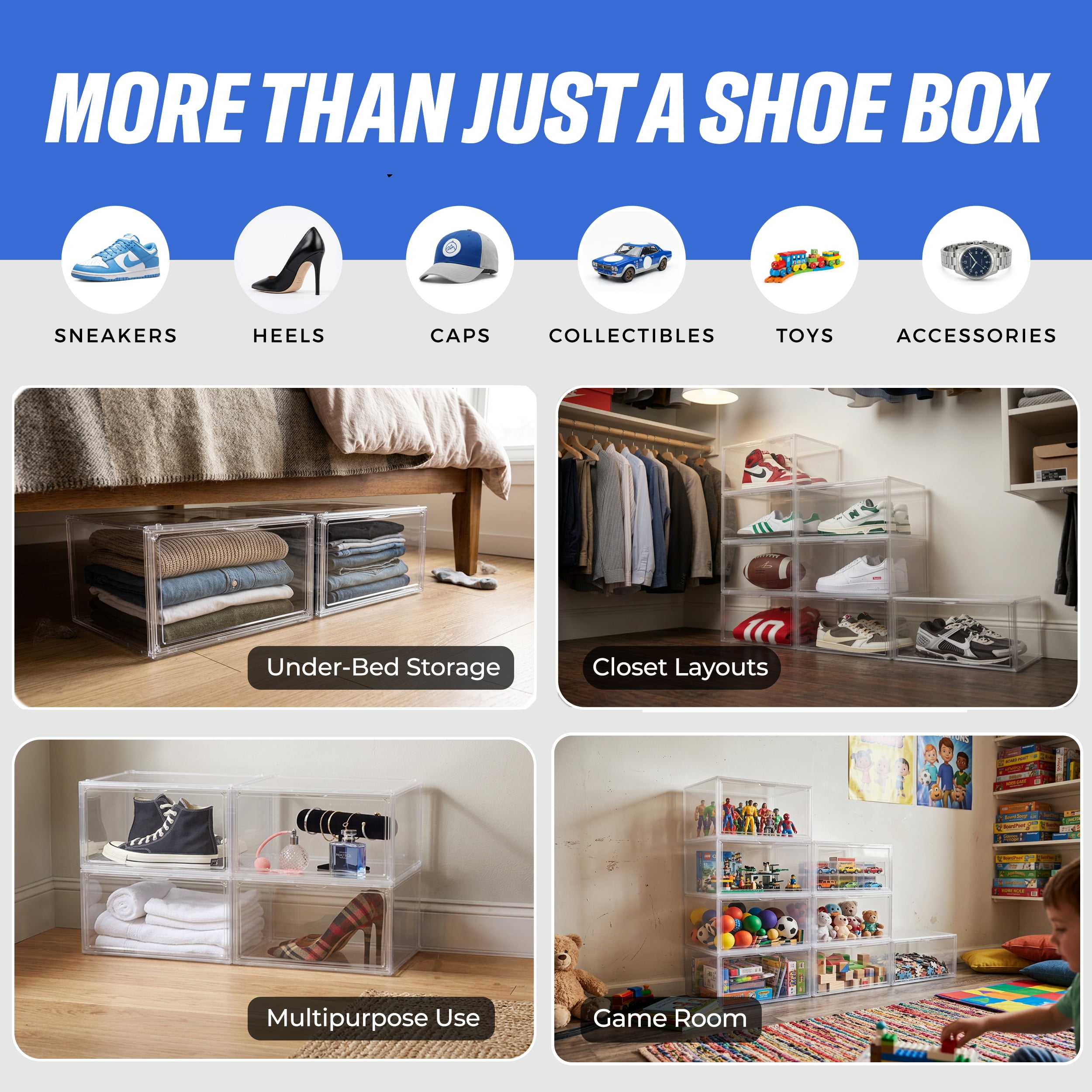 Kicks & Co XL Clear Plastic Shoe Storage Box, Stackable with Lids