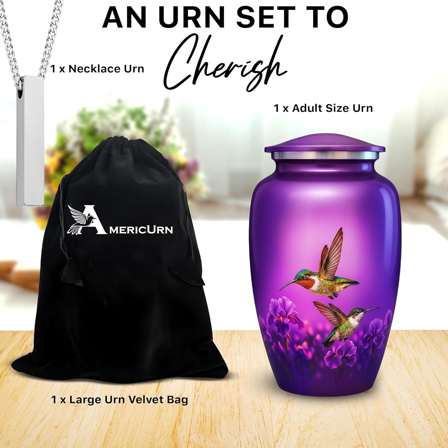 Hummingbird Cremation Urn Set of 2 – Includes 1 Large Metal Urn for Adult Ashes and 1 Matching Necklace Urn – Handcrafted in India