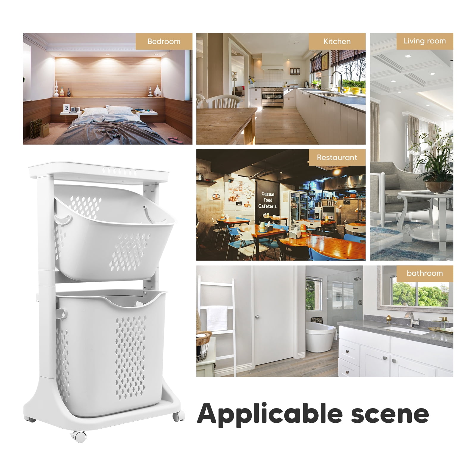 2-Tier Laundry Hamper Basket Sorter Bathroom Organizer with Wheels Movable Clothes Storage Basket Bathroom Shelf 360-Degree Rolling Cart, 17"×13"×31"