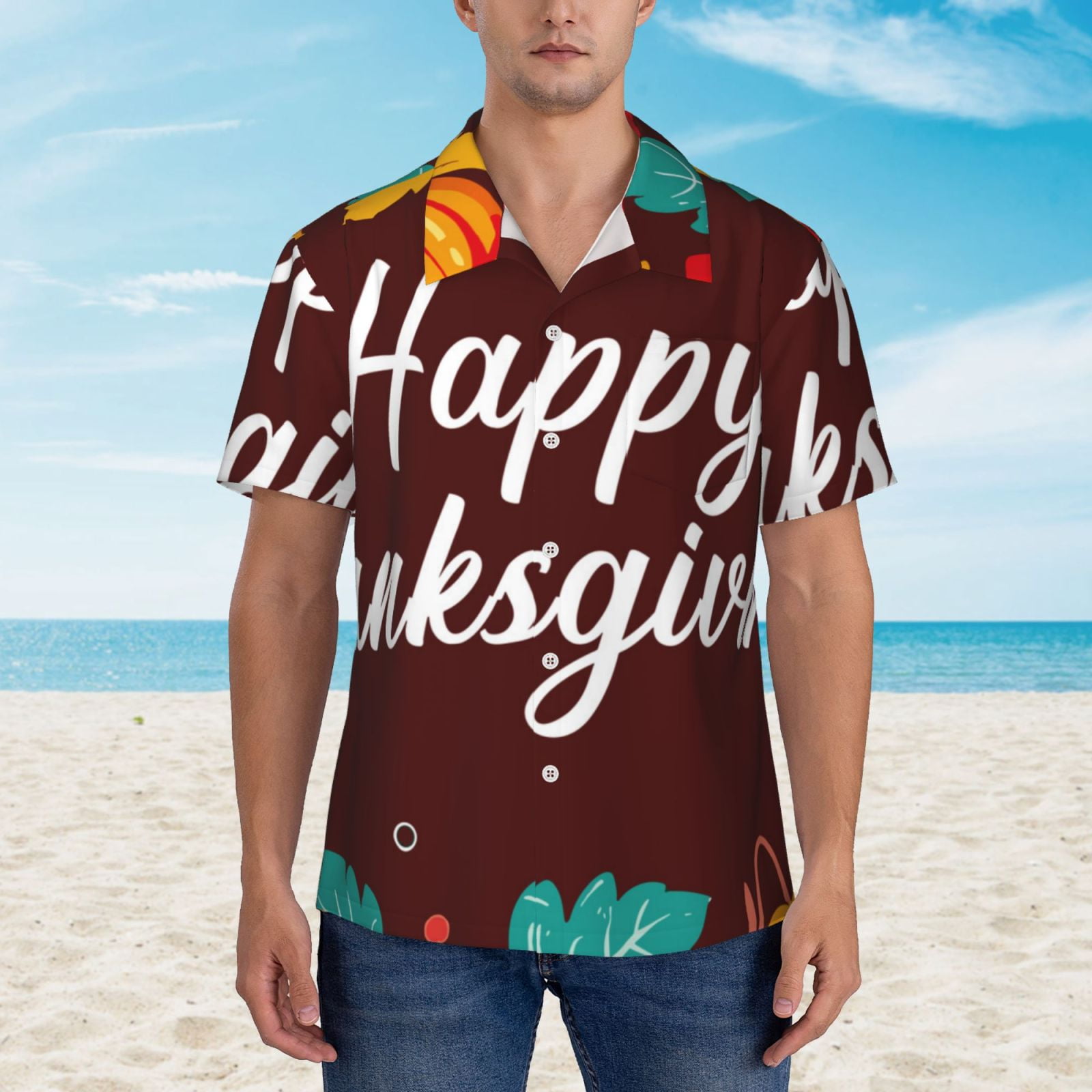 Logiee Happy Thanksgiving Print Mens Hawaiian Shirts,Loose-Fit Short Sleeve Button Down Tropical Aloha Beach Shirt,Summer Vacation Wedding Tops,Medium