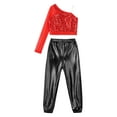 thumbnail image 3 of TiaoBug Kids Girls Sequins Hip Hop Jazz Ballet Dance Outfits One Shoulder Long Sleeve Crop Top with Metallic Pants Set Red&Black 6, 3 of 5