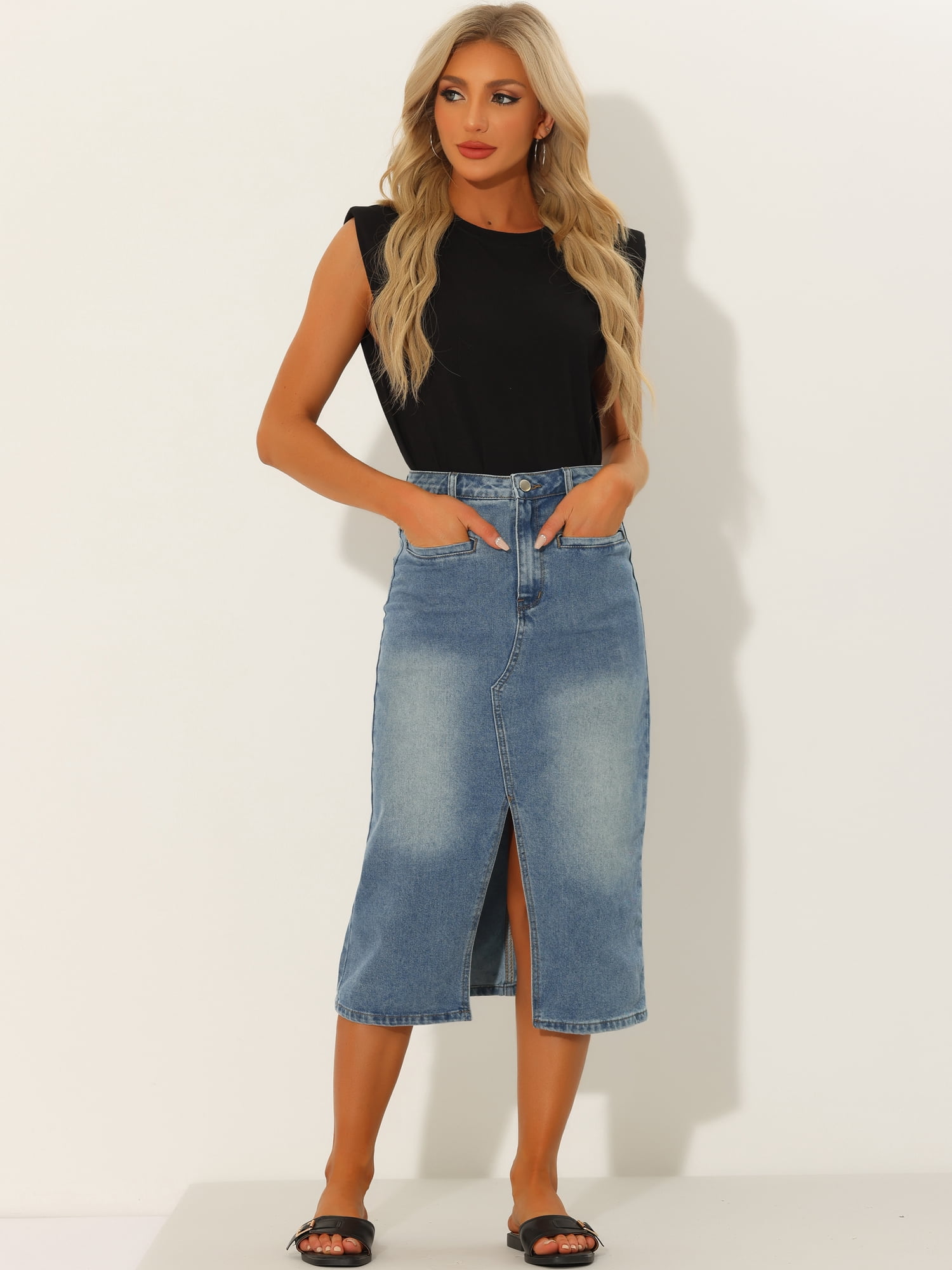 DARING DIVA Women's Slit Front Washed Jean Midi Skirts with Pockets M Grey Blue