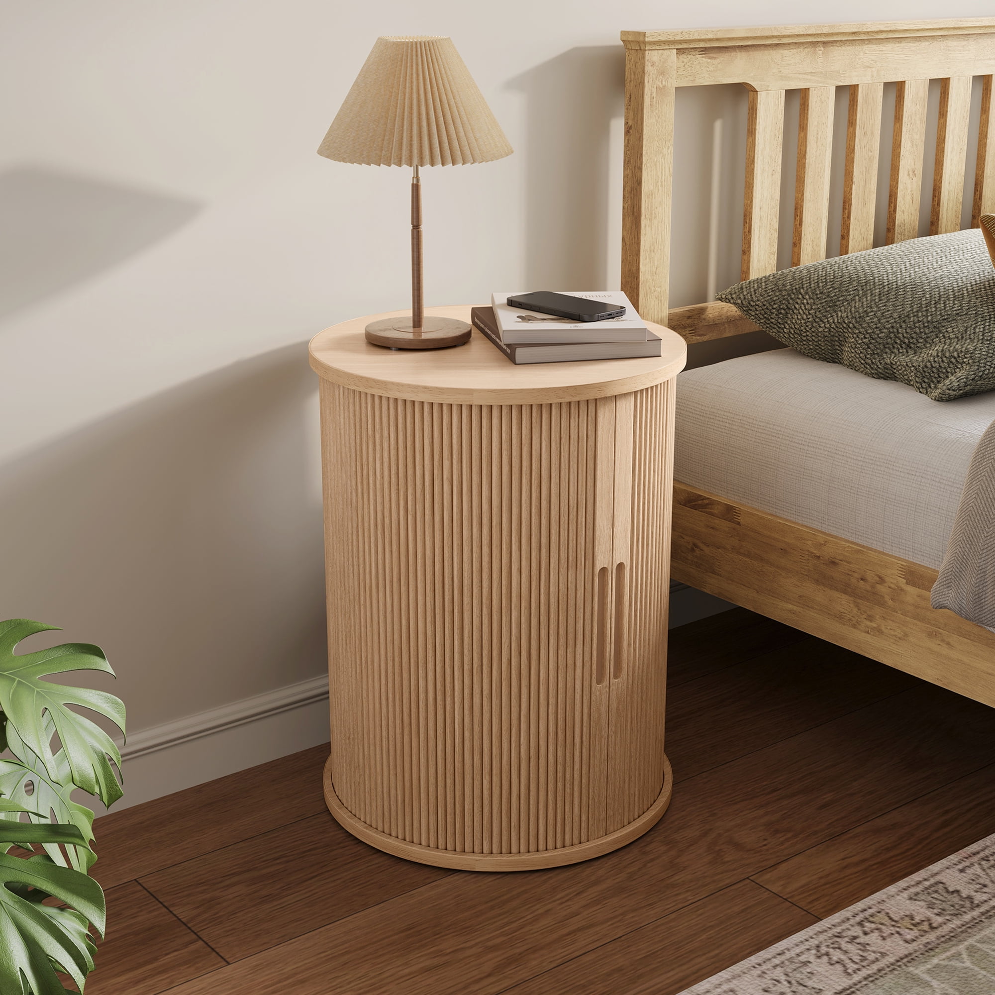 LINSY HOME Fluted Round End Tables for Living Room, Nightstand for Bedroom with with Sliding Tambour Door and Adjustable Shelves, Oak(1 Pcs)