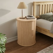 LINSY HOME Fluted Round End Tables for Living Room, Nightstand for Bedroom with with Sliding Tambour Door and Adjustable Shelves, Oak(1 Pcs)