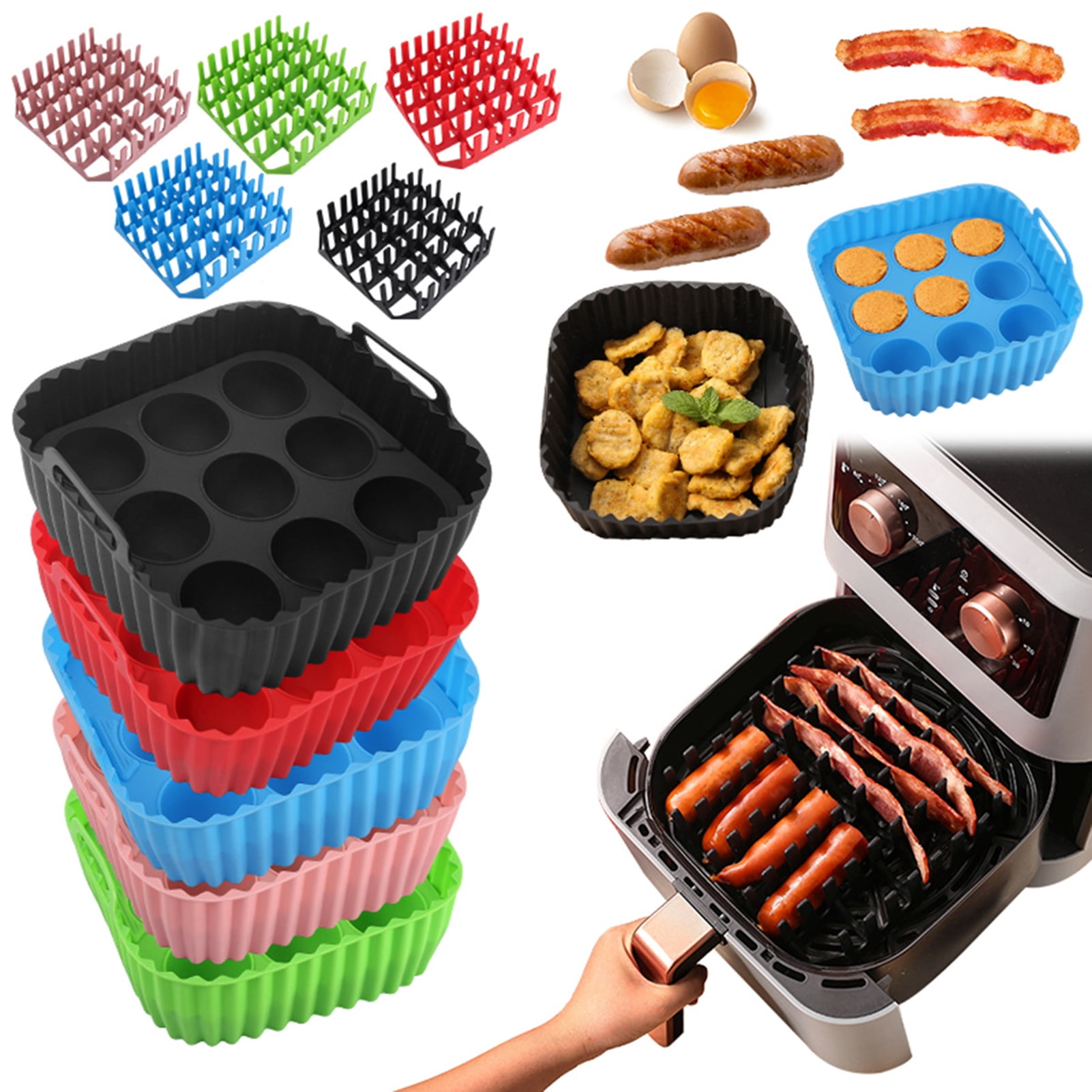 Air Fryer Silicone Basket Liners Large Square Oven Pan BBQ Grill Reusable Cake Molds for Hot Dogs Bacon Jelly,Pink