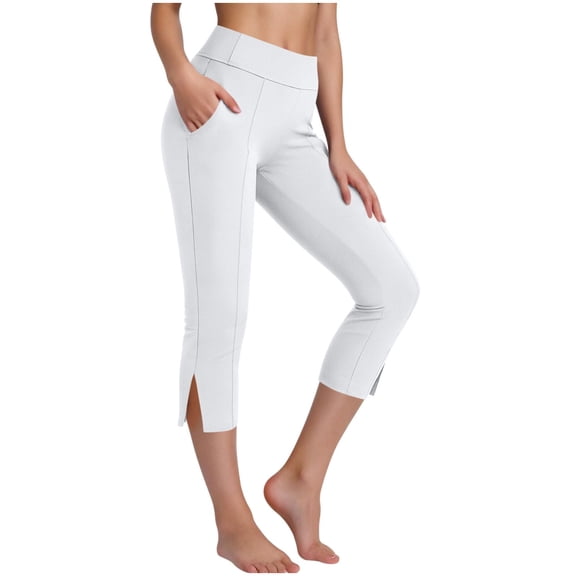 Pull On Capris for Women Elastic Waist Stretch Side Slit Capris with Pockets Dressy Casual Work Leggings White L